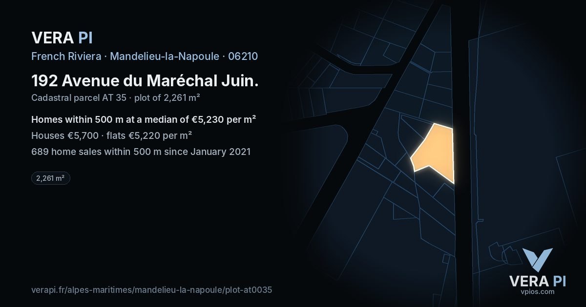 192 Avenue du Maréchal Juin, Mandelieu-la-Napoule at night – the plot lit, the parcels around coloured by the prices near them