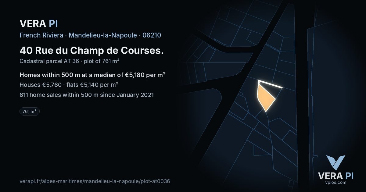 40 Rue du Champ de Courses, Mandelieu-la-Napoule at night – the plot lit, the parcels around coloured by the prices near them