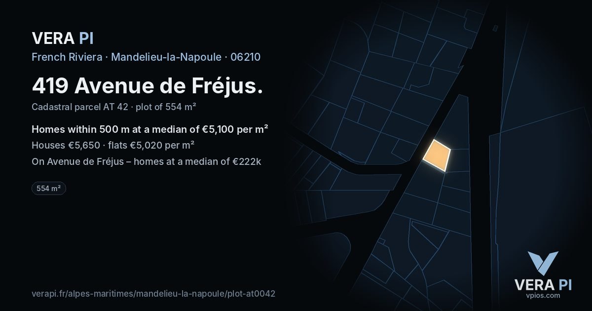 419 Avenue de Fréjus, Mandelieu-la-Napoule at night – the plot lit, the parcels around coloured by the prices near them