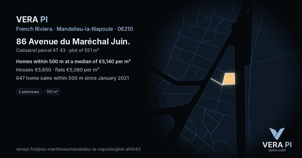 86 Avenue du Maréchal Juin, Mandelieu-la-Napoule at night – the plot lit, the parcels around coloured by the prices near them