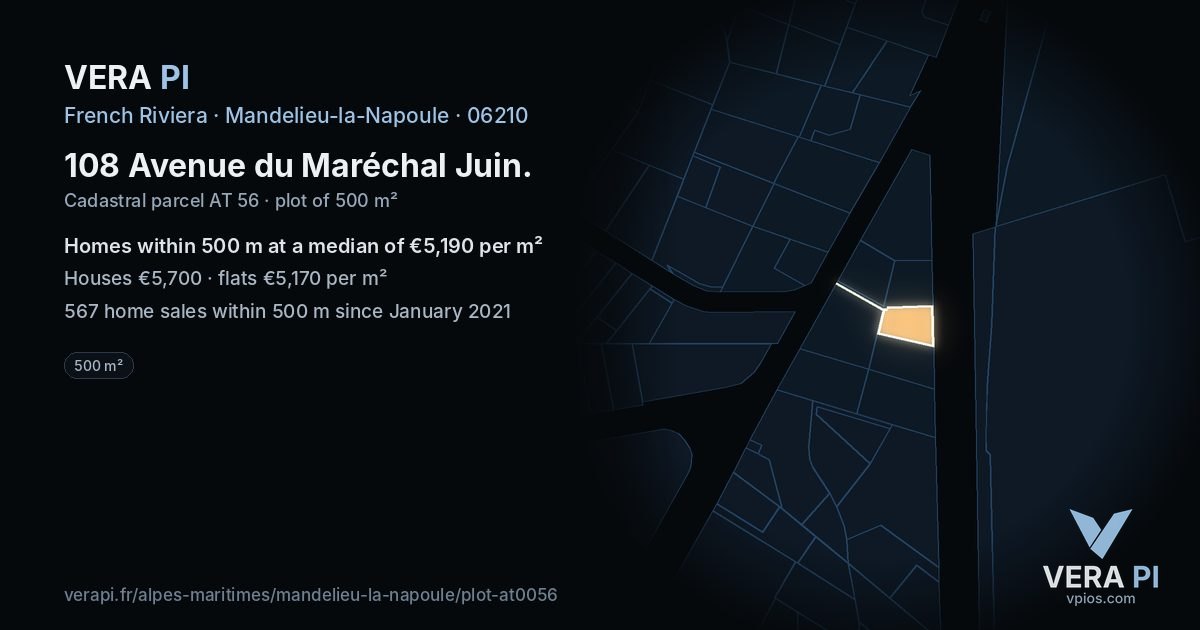 108 Avenue du Maréchal Juin, Mandelieu-la-Napoule at night – the plot lit, the parcels around coloured by the prices near them