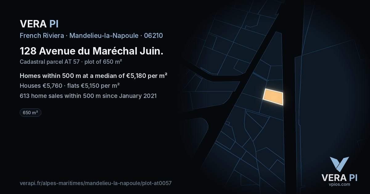 128 Avenue du Maréchal Juin, Mandelieu-la-Napoule at night – the plot lit, the parcels around coloured by the prices near them