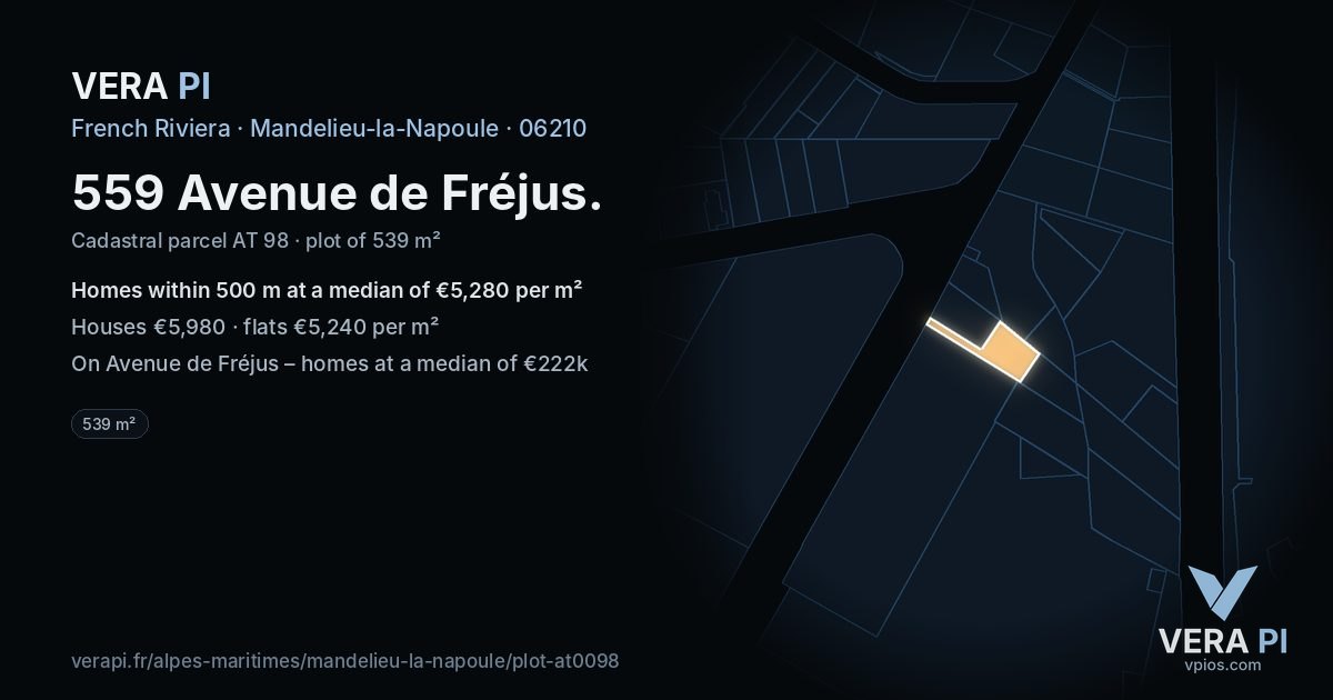 559 Avenue de Fréjus, Mandelieu-la-Napoule at night – the plot lit, the parcels around coloured by the prices near them