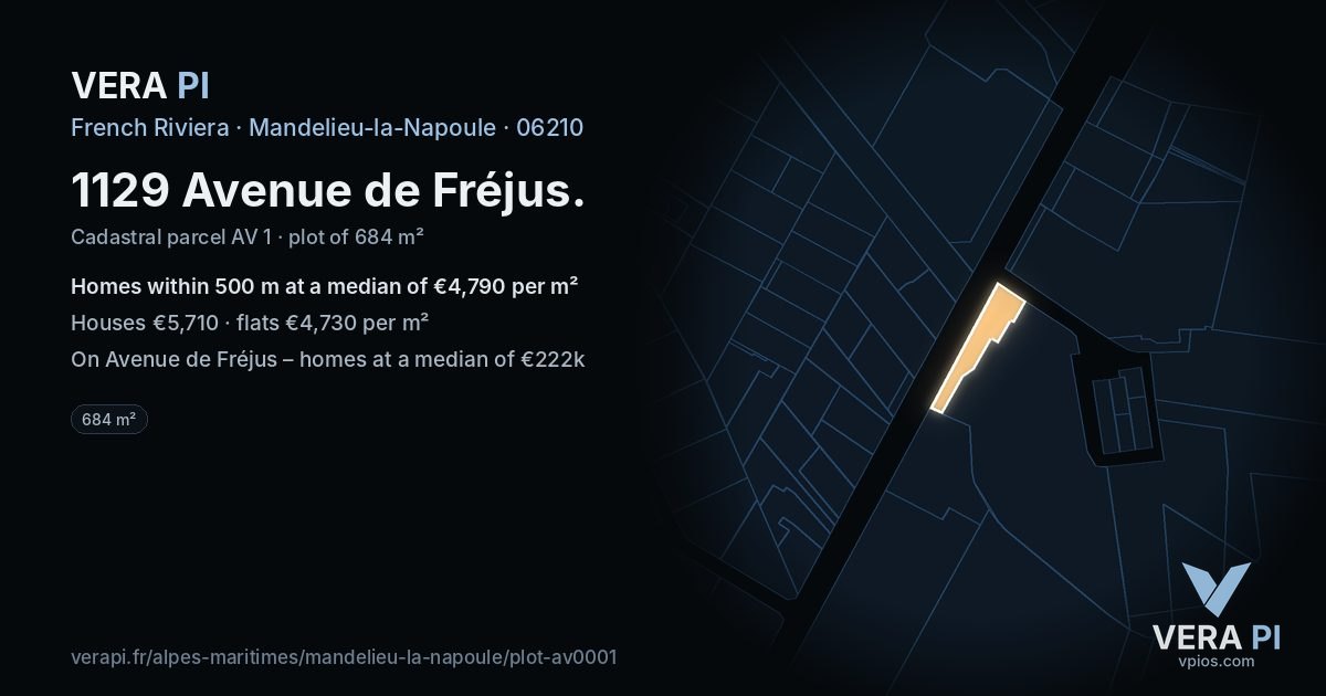 1129 Avenue de Fréjus, Mandelieu-la-Napoule at night – the plot lit, the parcels around coloured by the prices near them