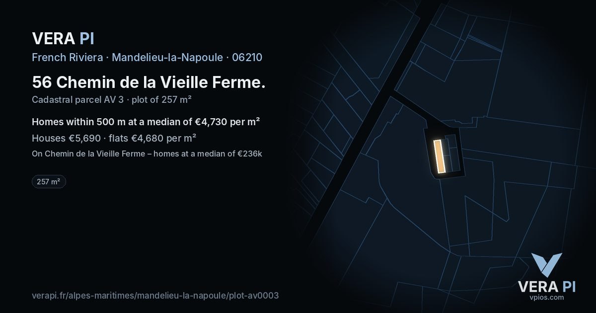 56 Chemin de la Vieille Ferme, Mandelieu-la-Napoule at night – the plot lit, the parcels around coloured by the prices near them