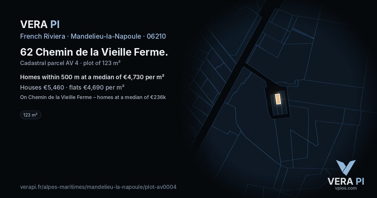62 Chemin de la Vieille Ferme, Mandelieu-la-Napoule at night – the plot lit, the parcels around coloured by the prices near them