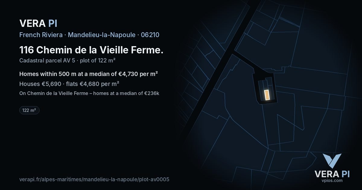 116 Chemin de la Vieille Ferme, Mandelieu-la-Napoule at night – the plot lit, the parcels around coloured by the prices near them