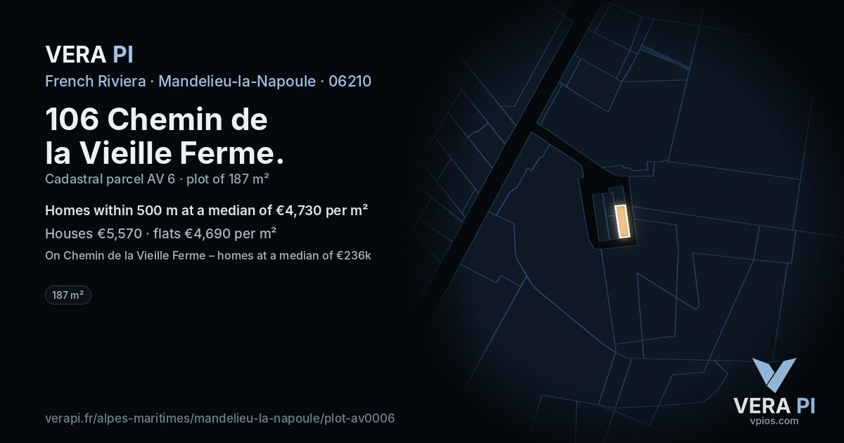 106 Chemin de la Vieille Ferme, Mandelieu-la-Napoule at night – the plot lit, the parcels around coloured by the prices near them