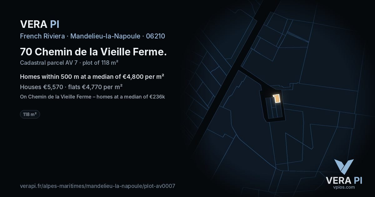 70 Chemin de la Vieille Ferme, Mandelieu-la-Napoule at night – the plot lit, the parcels around coloured by the prices near them