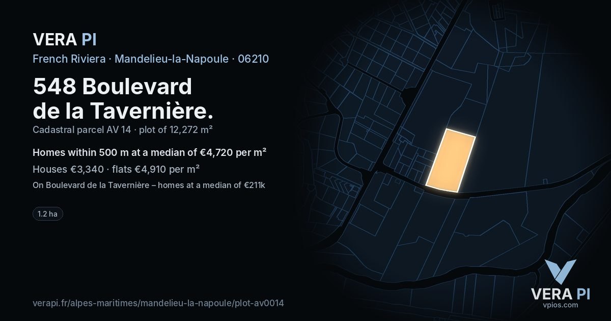 548 Boulevard de la Tavernière, Mandelieu-la-Napoule at night – the plot lit, the parcels around coloured by the prices near them