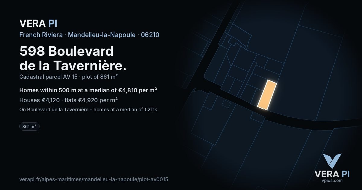 598 Boulevard de la Tavernière, Mandelieu-la-Napoule at night – the plot lit, the parcels around coloured by the prices near them