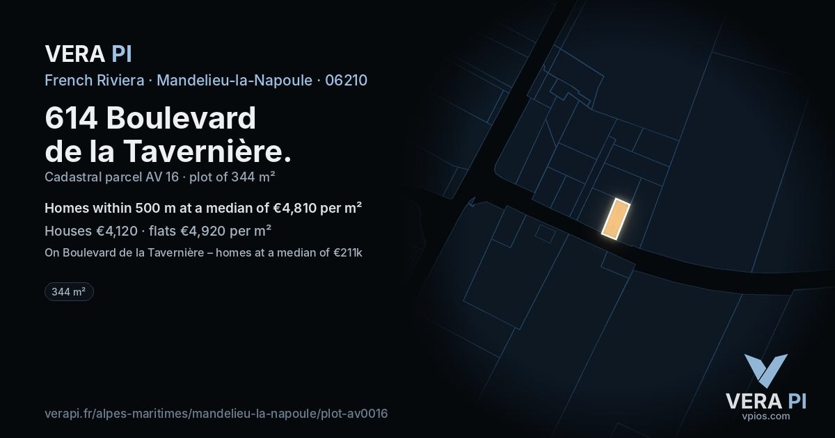 614 Boulevard de la Tavernière, Mandelieu-la-Napoule at night – the plot lit, the parcels around coloured by the prices near them