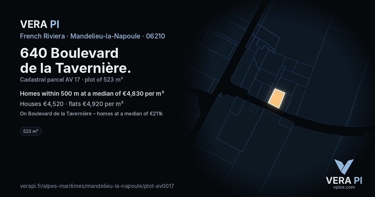 640 Boulevard de la Tavernière, Mandelieu-la-Napoule at night – the plot lit, the parcels around coloured by the prices near them