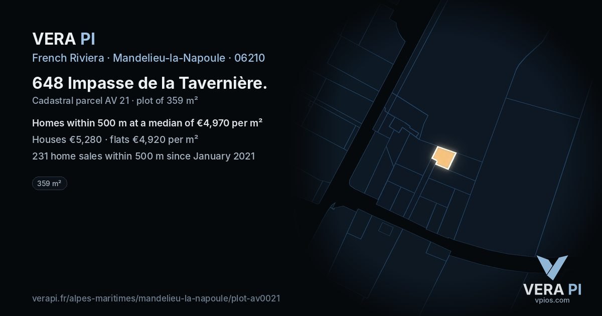 648 Impasse de la Tavernière, Mandelieu-la-Napoule at night – the plot lit, the parcels around coloured by the prices near them