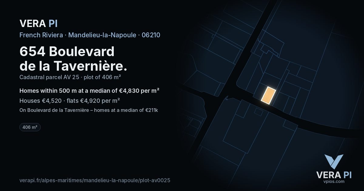 654 Boulevard de la Tavernière, Mandelieu-la-Napoule at night – the plot lit, the parcels around coloured by the prices near them