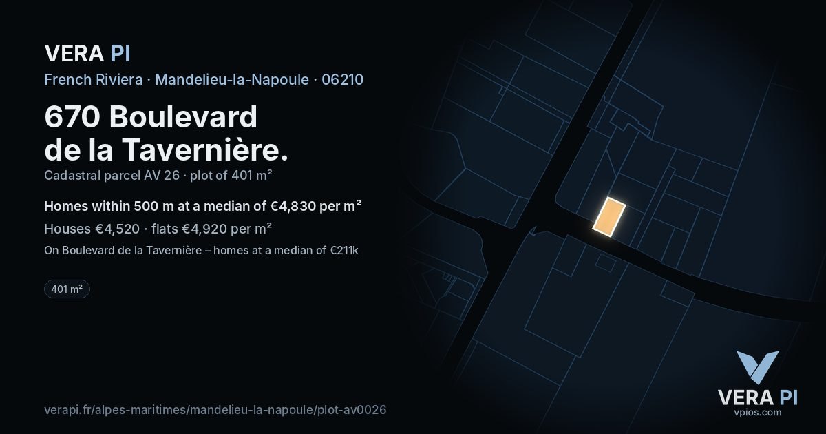 670 Boulevard de la Tavernière, Mandelieu-la-Napoule at night – the plot lit, the parcels around coloured by the prices near them