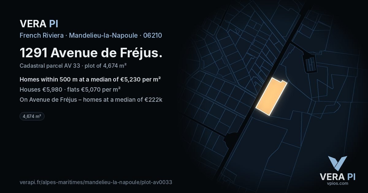 1291 Avenue de Fréjus, Mandelieu-la-Napoule at night – the plot lit, the parcels around coloured by the prices near them