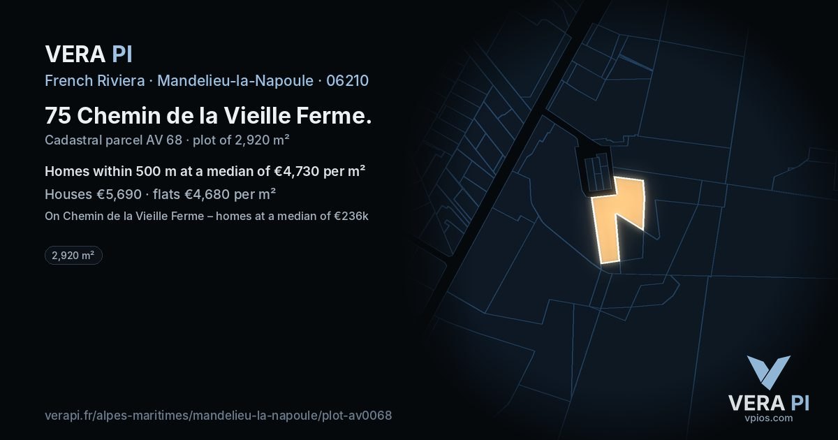 75 Chemin de la Vieille Ferme, Mandelieu-la-Napoule at night – the plot lit, the parcels around coloured by the prices near them