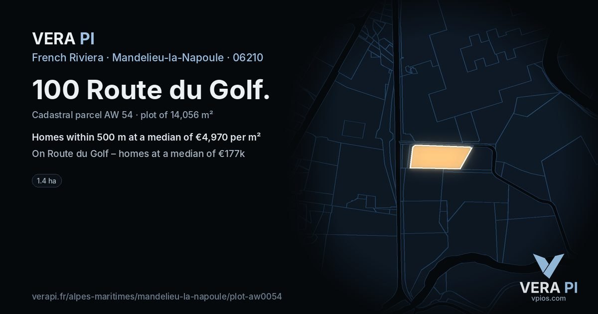100 Route du Golf, Mandelieu-la-Napoule at night – the plot lit, the parcels around coloured by the prices near them