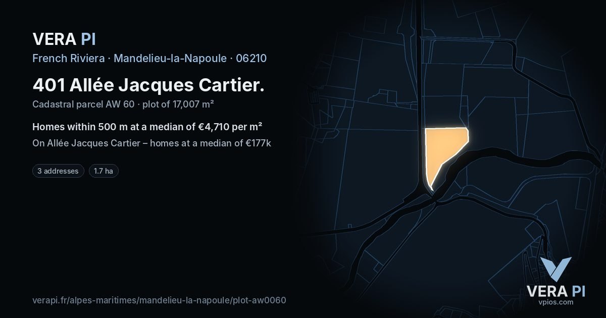 401 Allée Jacques Cartier, Mandelieu-la-Napoule at night – the plot lit, the parcels around coloured by the prices near them
