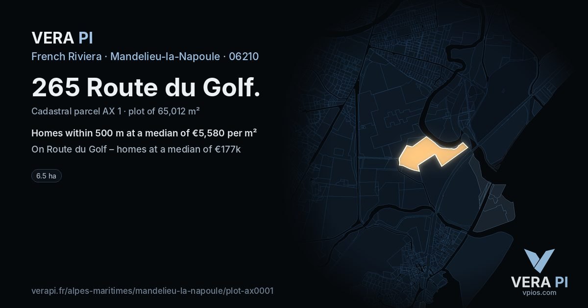 265 Route du Golf, Mandelieu-la-Napoule at night – the plot lit, the parcels around coloured by the prices near them