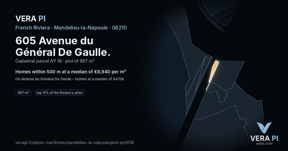605 Avenue du Général De Gaulle, Mandelieu-la-Napoule at night – the plot lit, the parcels around coloured by the prices near them