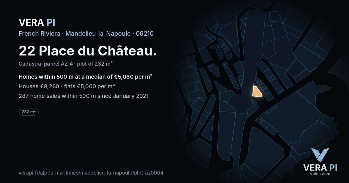 22 Place du Château, Mandelieu-la-Napoule at night – the plot lit, the parcels around coloured by the prices near them