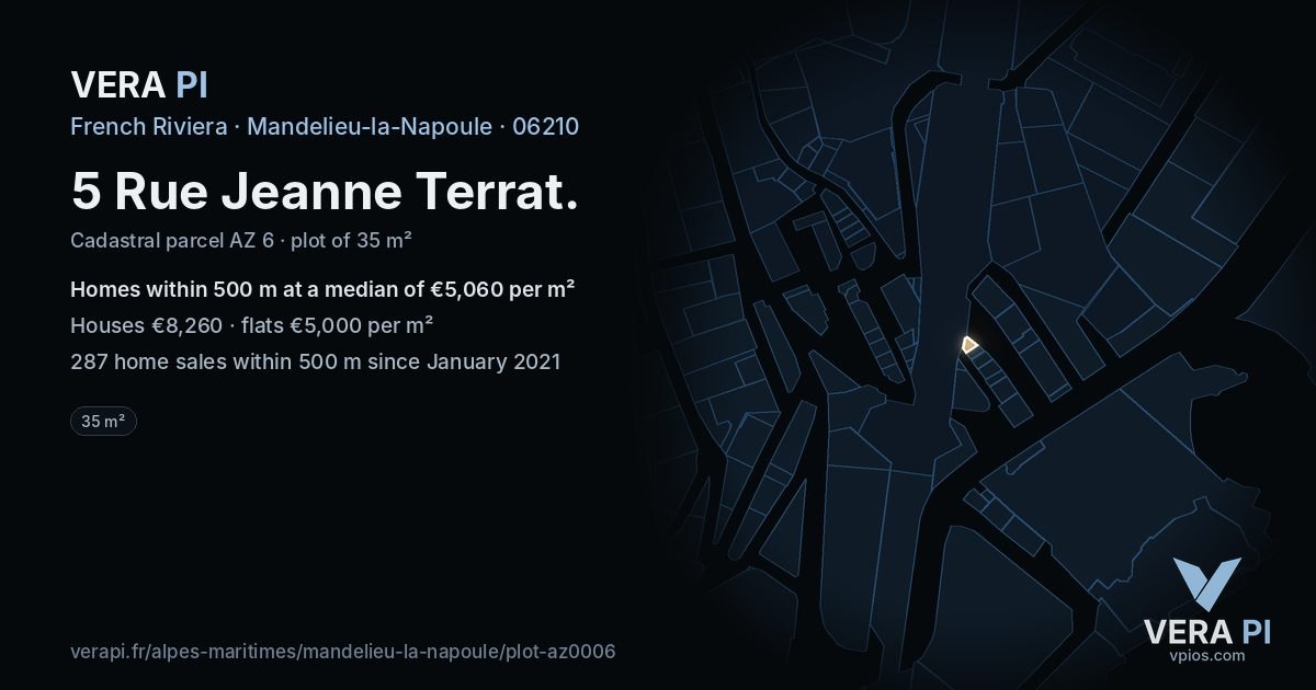 5 Rue Jeanne Terrat, Mandelieu-la-Napoule at night – the plot lit, the parcels around coloured by the prices near them