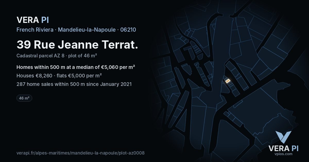 39 Rue Jeanne Terrat, Mandelieu-la-Napoule at night – the plot lit, the parcels around coloured by the prices near them
