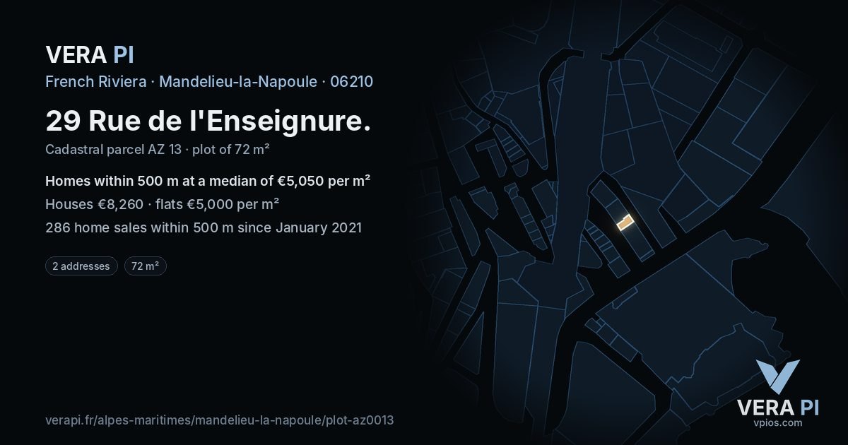 29 Rue de l'Enseignure, Mandelieu-la-Napoule at night – the plot lit, the parcels around coloured by the prices near them