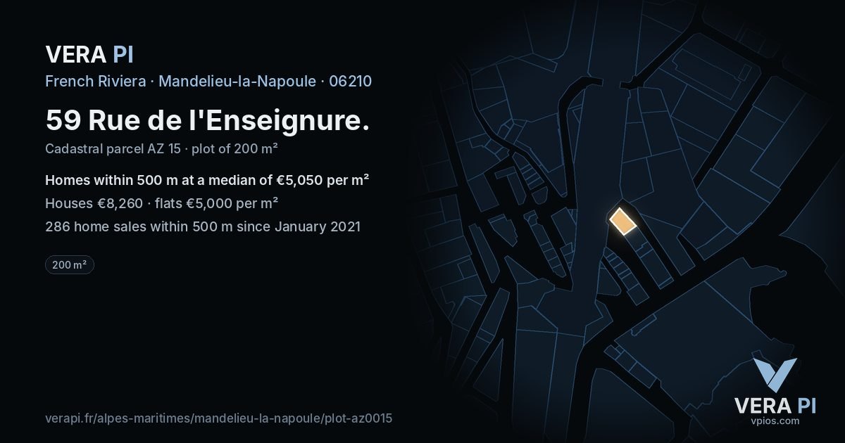 59 Rue de l'Enseignure, Mandelieu-la-Napoule at night – the plot lit, the parcels around coloured by the prices near them