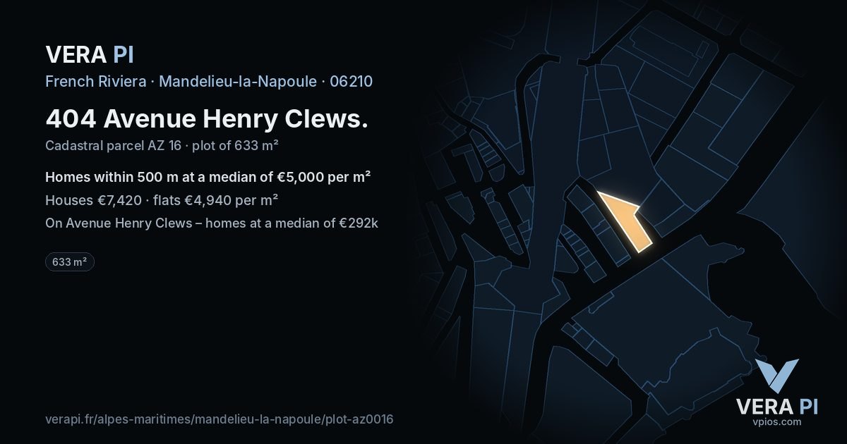 404 Avenue Henry Clews, Mandelieu-la-Napoule at night – the plot lit, the parcels around coloured by the prices near them