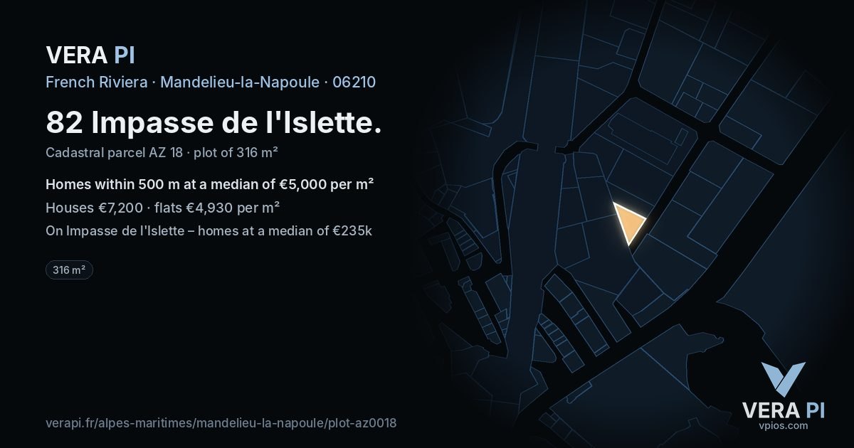 82 Impasse de l'Islette, Mandelieu-la-Napoule at night – the plot lit, the parcels around coloured by the prices near them