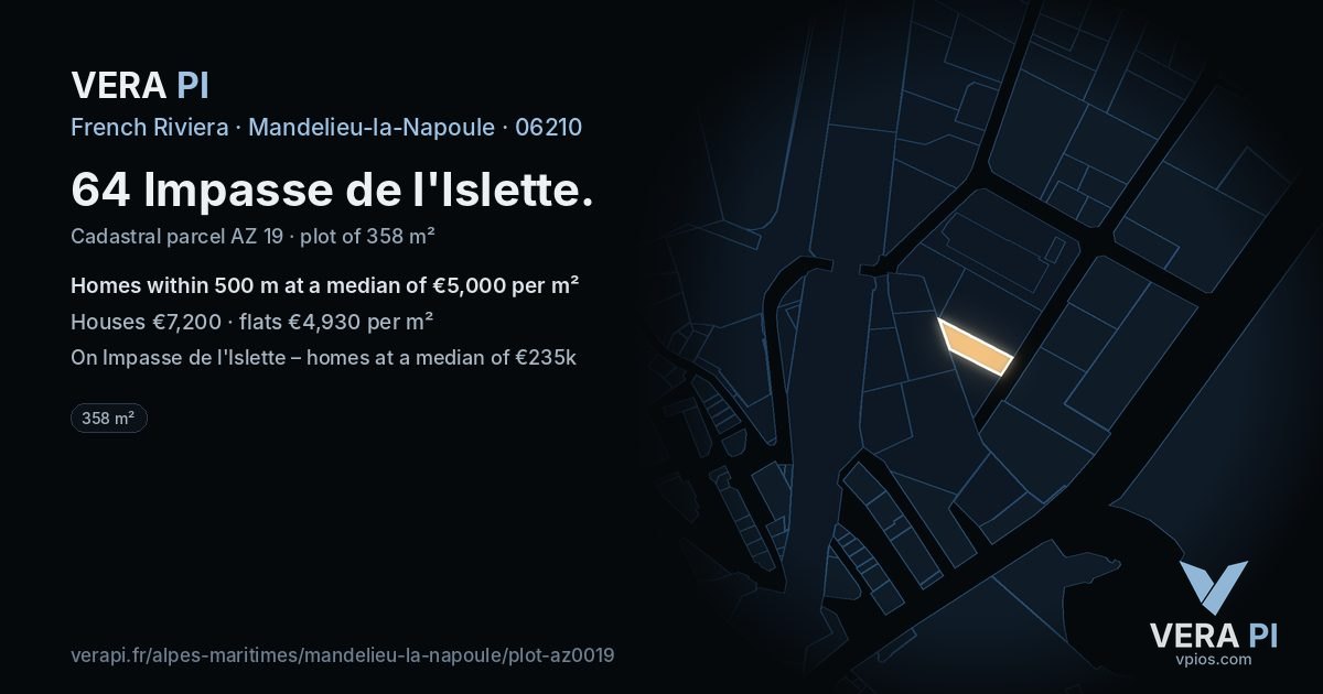 64 Impasse de l'Islette, Mandelieu-la-Napoule at night – the plot lit, the parcels around coloured by the prices near them