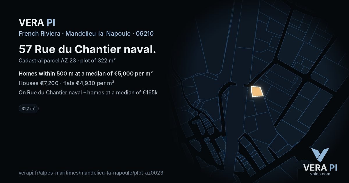 57 Rue du Chantier naval, Mandelieu-la-Napoule at night – the plot lit, the parcels around coloured by the prices near them