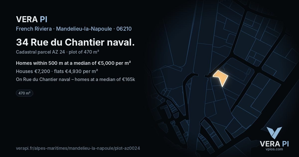 34 Rue du Chantier naval, Mandelieu-la-Napoule at night – the plot lit, the parcels around coloured by the prices near them