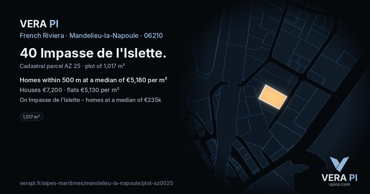 40 Impasse de l'Islette, Mandelieu-la-Napoule at night – the plot lit, the parcels around coloured by the prices near them