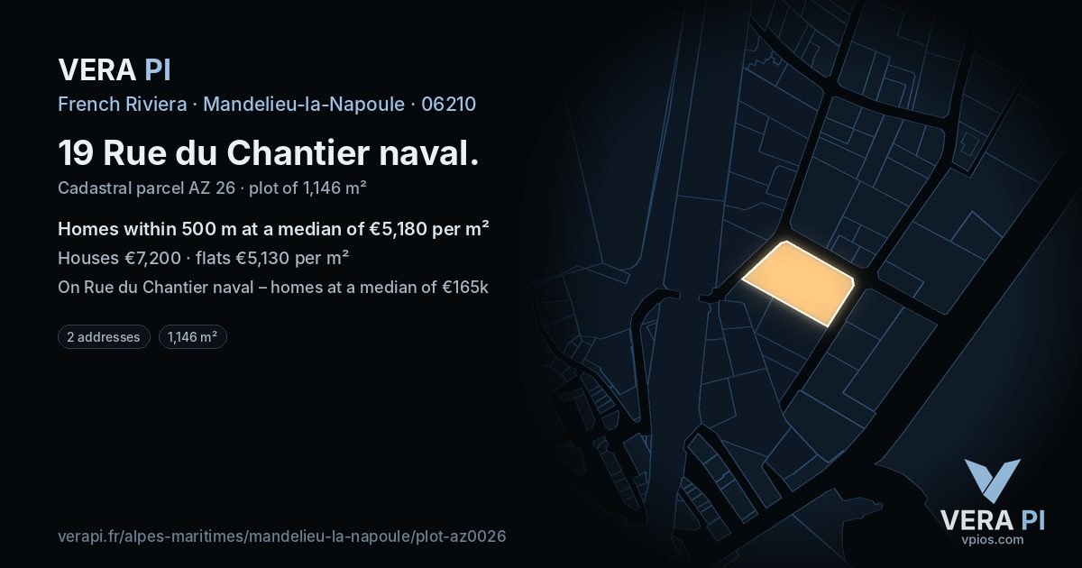 19 Rue du Chantier naval, Mandelieu-la-Napoule at night – the plot lit, the parcels around coloured by the prices near them