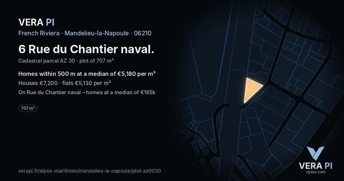 6 Rue du Chantier naval, Mandelieu-la-Napoule at night – the plot lit, the parcels around coloured by the prices near them