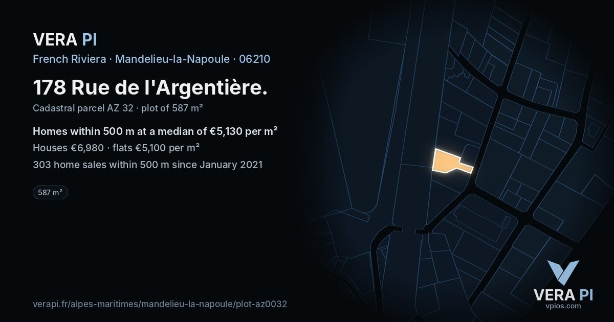 178 Rue de l'Argentière, Mandelieu-la-Napoule at night – the plot lit, the parcels around coloured by the prices near them