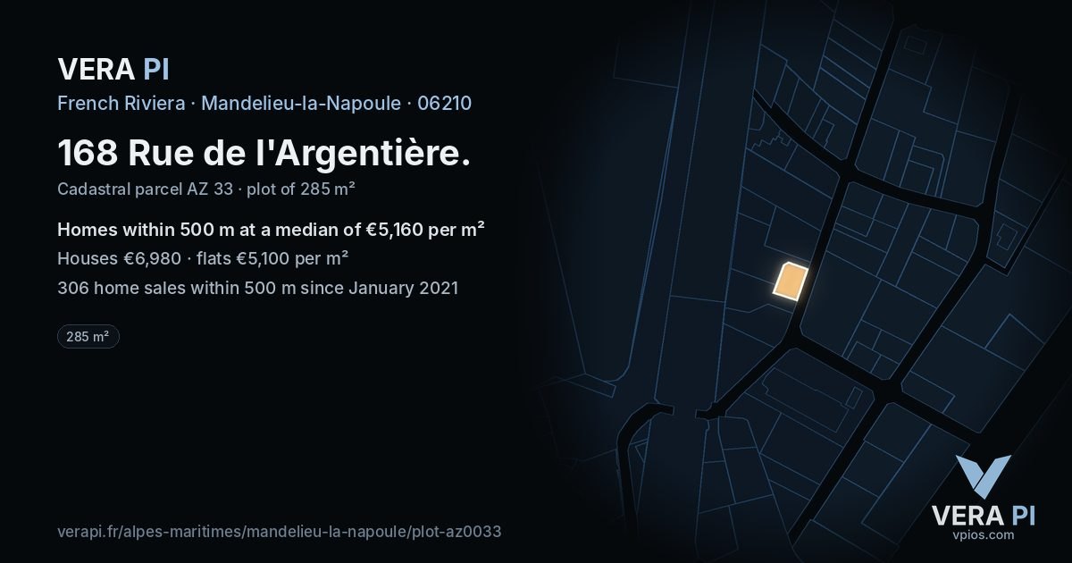 168 Rue de l'Argentière, Mandelieu-la-Napoule at night – the plot lit, the parcels around coloured by the prices near them