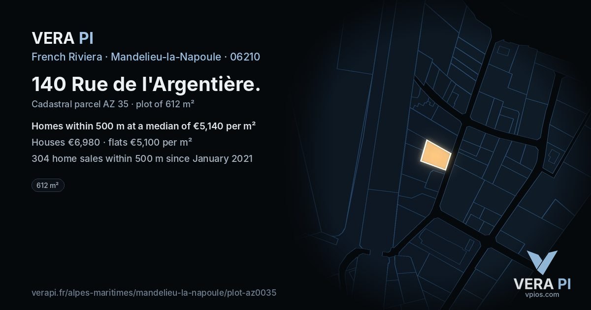 140 Rue de l'Argentière, Mandelieu-la-Napoule at night – the plot lit, the parcels around coloured by the prices near them