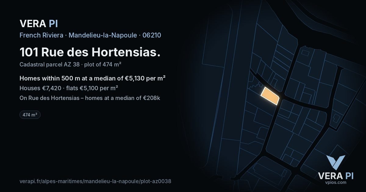 101 Rue des Hortensias, Mandelieu-la-Napoule at night – the plot lit, the parcels around coloured by the prices near them