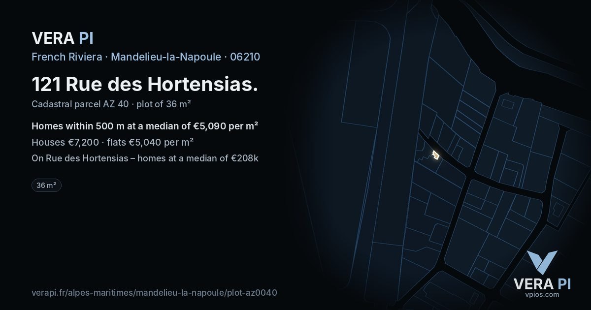 121 Rue des Hortensias, Mandelieu-la-Napoule at night – the plot lit, the parcels around coloured by the prices near them
