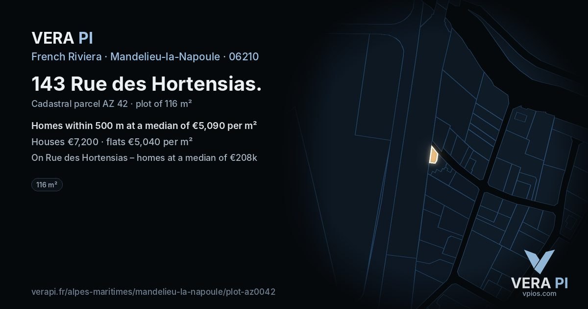143 Rue des Hortensias, Mandelieu-la-Napoule at night – the plot lit, the parcels around coloured by the prices near them
