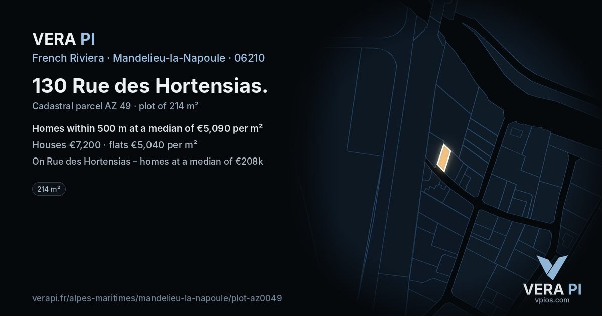 130 Rue des Hortensias, Mandelieu-la-Napoule at night – the plot lit, the parcels around coloured by the prices near them
