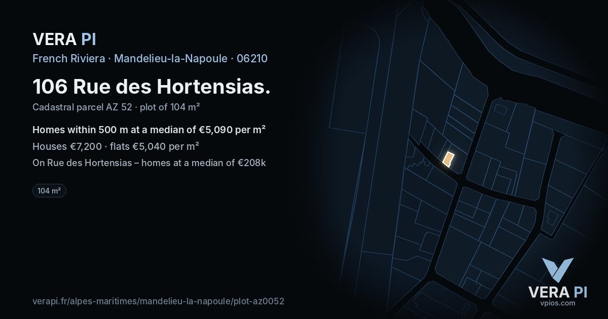 106 Rue des Hortensias, Mandelieu-la-Napoule at night – the plot lit, the parcels around coloured by the prices near them