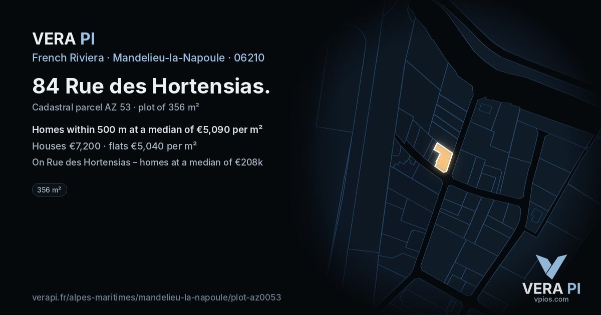 84 Rue des Hortensias, Mandelieu-la-Napoule at night – the plot lit, the parcels around coloured by the prices near them