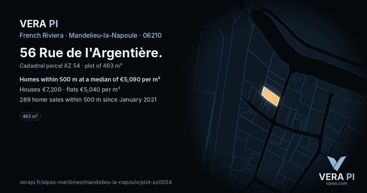 56 Rue de l'Argentière, Mandelieu-la-Napoule at night – the plot lit, the parcels around coloured by the prices near them