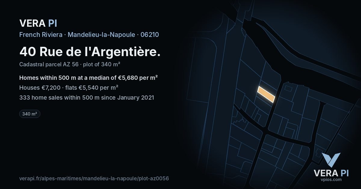 40 Rue de l'Argentière, Mandelieu-la-Napoule at night – the plot lit, the parcels around coloured by the prices near them